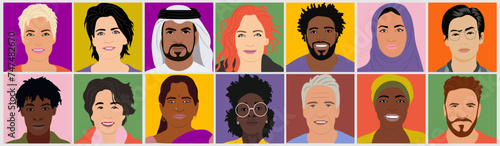 Set of multiethnic multiracial men and women avatars for social media networks. Diverse cartoon character vector illustrations isolated on colorful background. Head portraits, Modern profile pictures.