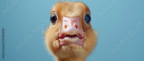 a close up of a duck's face with big blue eyes and a smile on it's face.