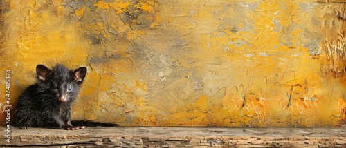 a rat is sitting on a ledge in front of a yellow wall with a paint chipping off of it.