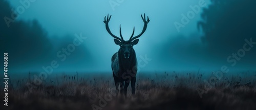 a deer standing in the middle of a field with tall grass in the foreground and a foggy sky in the background.