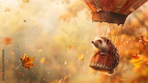 Hedgehog on an autumnal hot air balloon - A whimsical illustration of a hedgehog traveling in a hot air balloon amid falling autumn leaves, evoking adventure and nostalgia