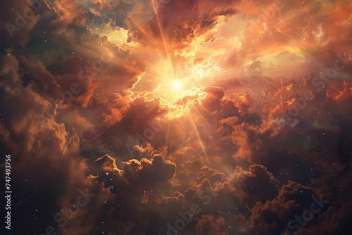 Dramatic depiction of the second coming of jesus christ With divine light breaking through the clouds Symbolizing hope Renewal And the fulfillment of prophecy in a celestial setting