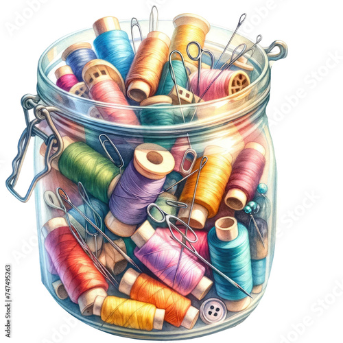 Sewing thread in a glass jar, transparent background