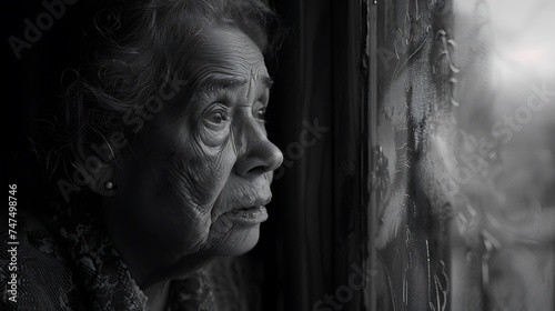 elderly woman looking through a foggy window. The photo depicts a poignant depiction of loneliness, as the woman stares into the misty unknown.