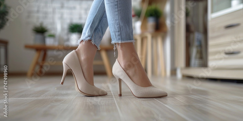 A woman in high heels standing on a wooden floor. Suitable for fashion or interior design concepts