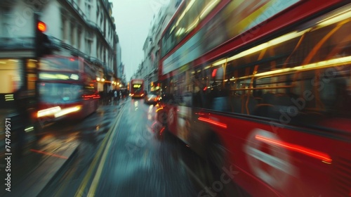 A busy city street with double decker buses, ideal for urban scenes