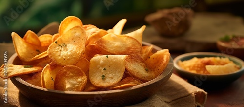 Original potato chips are crunchy and tasty, a casual snack served on a plate