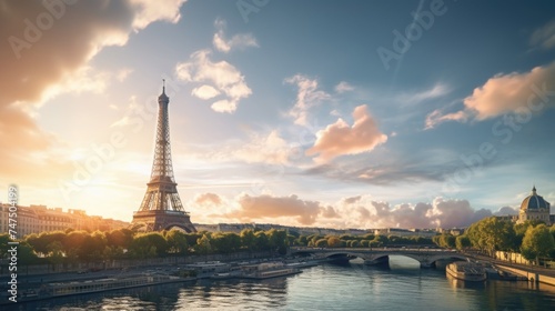 Iconic view of Eiffel Tower from opposite bank. Ideal for travel websites