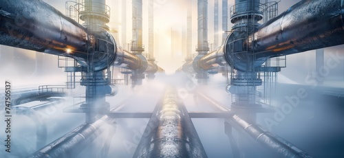 pipelines in an isolated setting with mist, futuristic cityscapes, symmetrical chaos, light silver and blue