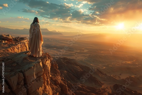 Witness Jesus standing on a high cliff, torn between earthly desires and heavenly mission, grappling with the allure of miracles, fame, and adulation