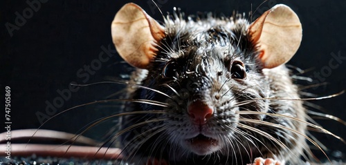 a close up of a rodent with a mouse on it's back and a mouse on the ground in front of it.