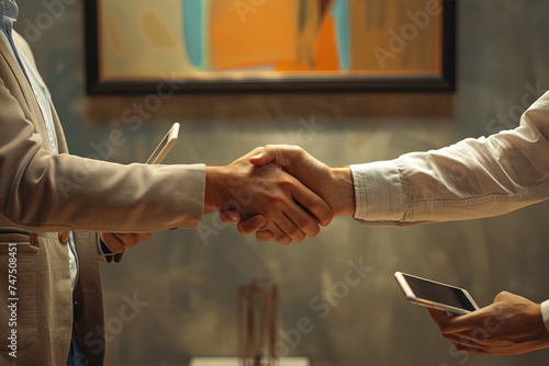 Close-up of a firm handshake between two business professionals, agreement concept.