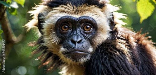 a close up of a monkey's face with a blurry look on it's face and a leafy tree in the background.