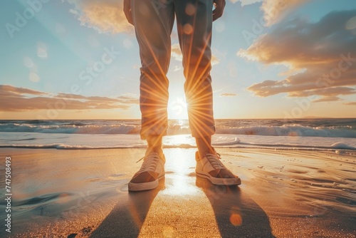 A person standing on a beach during a beautiful sunset. Ideal for travel and relaxation concepts
