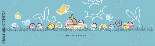 Easter banner. Easter basket with eggs and carrot handwritten bunnies, eggs, flowers, grass on sea green background. Easter egg hunt colorful greeting card
