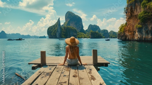 A woman sitting on a dock looking out at the water. Suitable for travel and relaxation themes