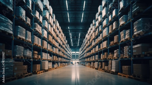 A large warehouse filled with boxes, perfect for logistics and storage concepts