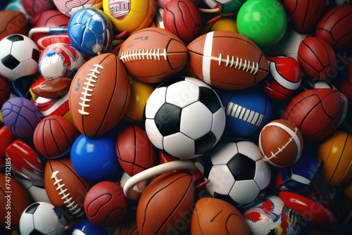 A large pile of assorted sports balls. Perfect for sports and recreation themes