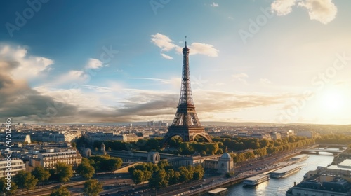 Iconic Eiffel Tower dominating Paris skyline, suitable for travel publications