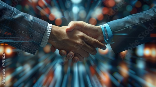 Close-up business handshake between business partners, on background technology, symbolizing unity, understanding and teamwork. Generative AI.