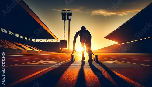 This image depicts a silhouette of a sprinter crouched in the starting blocks on a track, with the sun setting dramatically in the background, casting a warm glow and long shadows on the surface.
