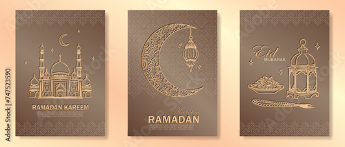 Set of beige Ramadan Kareem greeting cards with hand drawn linear golden Mosque, crescent moon, Arabic lantern, dates, Muslim rosary praying beads. Template of Eid Mubarak outline vertical banners