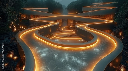 Circular walkway above the building, amusement nature, separate walkway, curved, golden with light strips. Generative AI.
