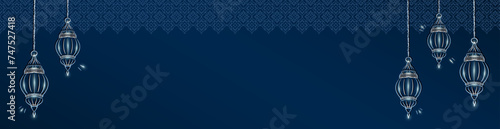 Ramadan Kareem panoramic banner with silver hand drawn linear Muslim lanterns on blue background with arabesque pattern and copy space for text. Blank Eid Mubarak header with outline hanging lamps