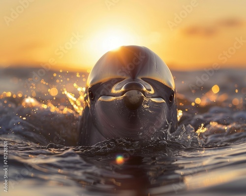 Sun kissed dolphin portrait with sparkling eyes captured in the golden hour light