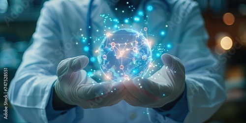 Doctor hands with gloves holding hologram molecule. Digital healthcare and network connection on hologram virtual interface. Generative AI.