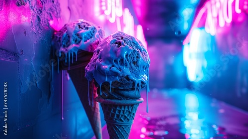 ice cream in a cone neon glows