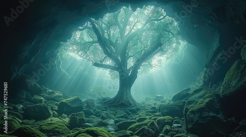 Dark fantasy forest in a cave, ancient tree. Generative AI.