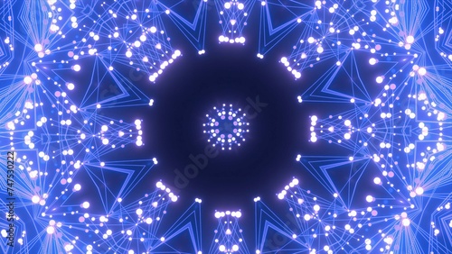 effektvolle futuristische dunkelblaue leuchtende synchrone 3D-Linien mit Verbindungspunkten, kreisrund, Mittelpunkt, techniches Design, Fraktal, Muster, Geraden, Verbindungen, Internet, System 