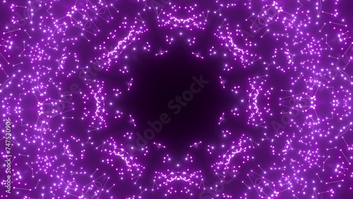 effektvolle futuristische violett leuchtende synchrone 3D-Linien mit Verbindungspunkten, kreisrund, Mittelpunkt, techniches Design, Fraktal, Muster, Geraden, Verbindungen, Internet, System 