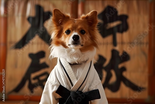 dog wearing black belt karate uniform in dojo funny cute 