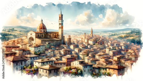 Panorama of Italian summer cityscape. Oil painting of old city center. Toskana landscape