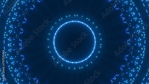 futuristische blau leuchtende synchrone Netzwerkverknüpfungen mit Knotenpunkten, Fraktal, Muster, Kreis, Verbindungen, KI, Internet, Server, Plexuseffekt, System, FTTH, Daten, leuchten 