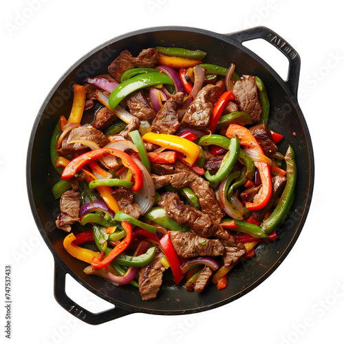 Beef fajitas with colorful vegetables in pan on Transparent Background. Ai generated PNG 