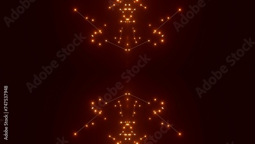 futuristische goldgelbe leuchtende synchrone Netzwerkverknüpfungen mit Knotenpunkten, Fraktal, Muster, Kreis, Links, Verbindungen, KI, Internet, Server, Plexuseffekt, System, FTTH, Daten, leuchten 