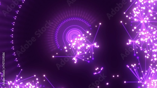 futuristische violette leuchtende synchrone Netzwerkverknüpfungen mit Knotenpunkten, Fraktal, Muster, Kreis, Links, Verbindungen, KI, Internet, Server, Plexuseffekt, System, FTTH, Daten, leuchten 