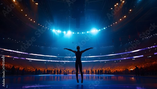 silhouette of person performing on large stage with bright blue lights talented performer 