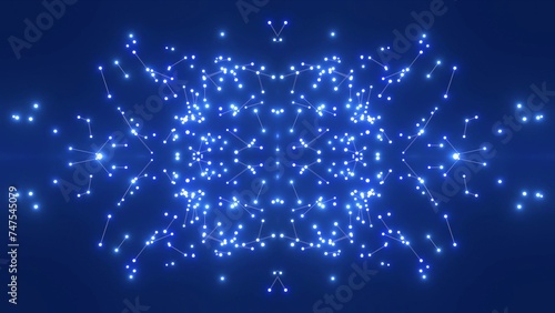 futuristische blau leuchtende synchrone Netzwerkverknüpfungen mit Knotenpunkten, Fraktal, Muster, Kreis, Verbindungen, KI, Internet, Server, Plexuseffekt, System, FTTH, Daten, leuchten 