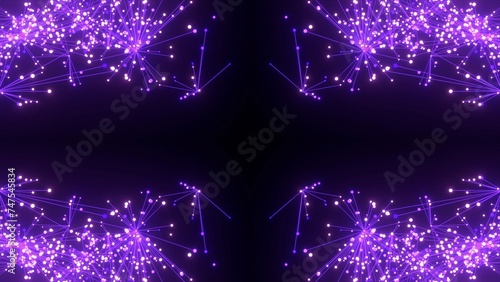 futuristische violette leuchtende synchrone Netzwerkverknüpfungen mit Knotenpunkten, Fraktal, Muster, Kreis, Links, Verbindungen, KI, Internet, Server, Plexuseffekt, System, FTTH, Daten, leuchten