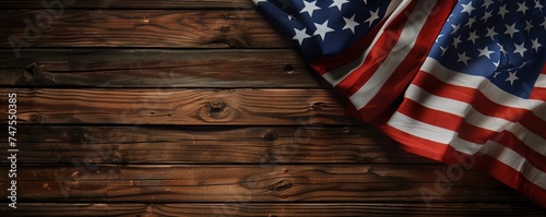 American National Holiday. US Flags with American stars, stripes and national colors. Construction and manufacturing tools on wooden background.