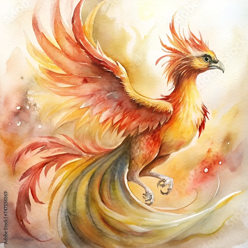 Watercolor illustration of a phoenix bird