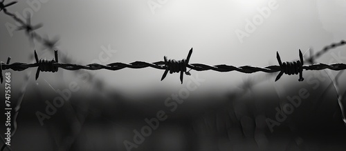 A striking black and white photo showcasing an intriguing array of vertical barbed wires.