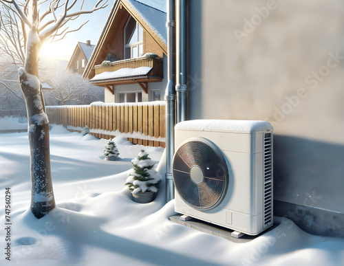 Pompa ciepła przy domu jednorodzinnym zimą