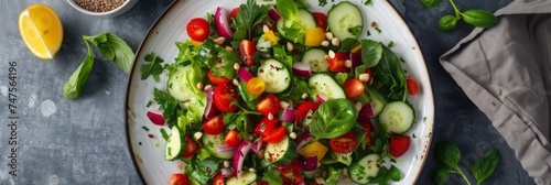 Summer light fresh vegetarian salad in bowl. A nutritious dish filled with fresh plantbased ingredients