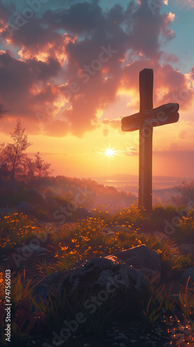 cross on a hill, sunset sky, Christian symbols