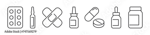 set of pharmacy and medecine line icons with editable stroke